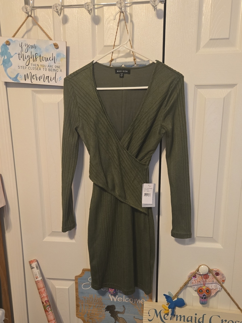Wrap-Front Long Sleeve Dress in Olive Green by